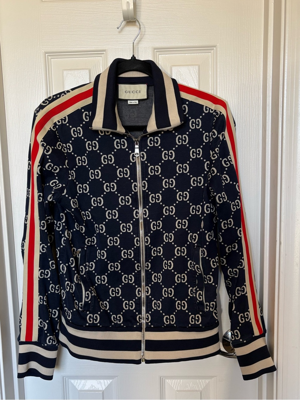 Gucci Navy GG Zip-Up Track Jacket with Red Stripe
